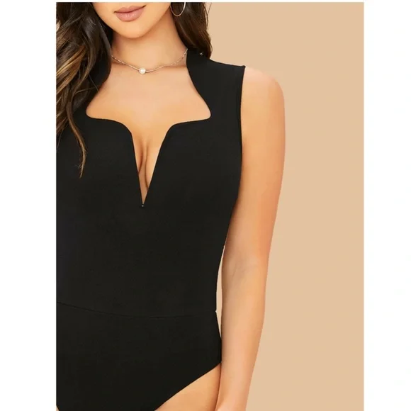 Black Sexy Sleeveless Bodysuit Deep Plunging V-Neck Cut - Picture 6 of 13